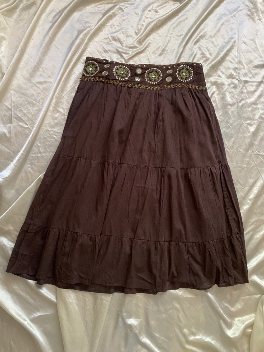 Vintage y2k Brown Tiered Sequin Embroidered Peasant Boho Skirt 2X Plus